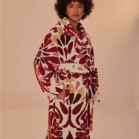 FARM Rio Ainika Flowers Fleece Coat Floral Textured - Red and Pink - Picture 3 of 10